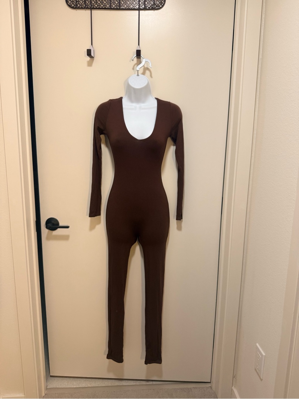 Brown Long-Sleeve Scoop Neck Jumpsuit